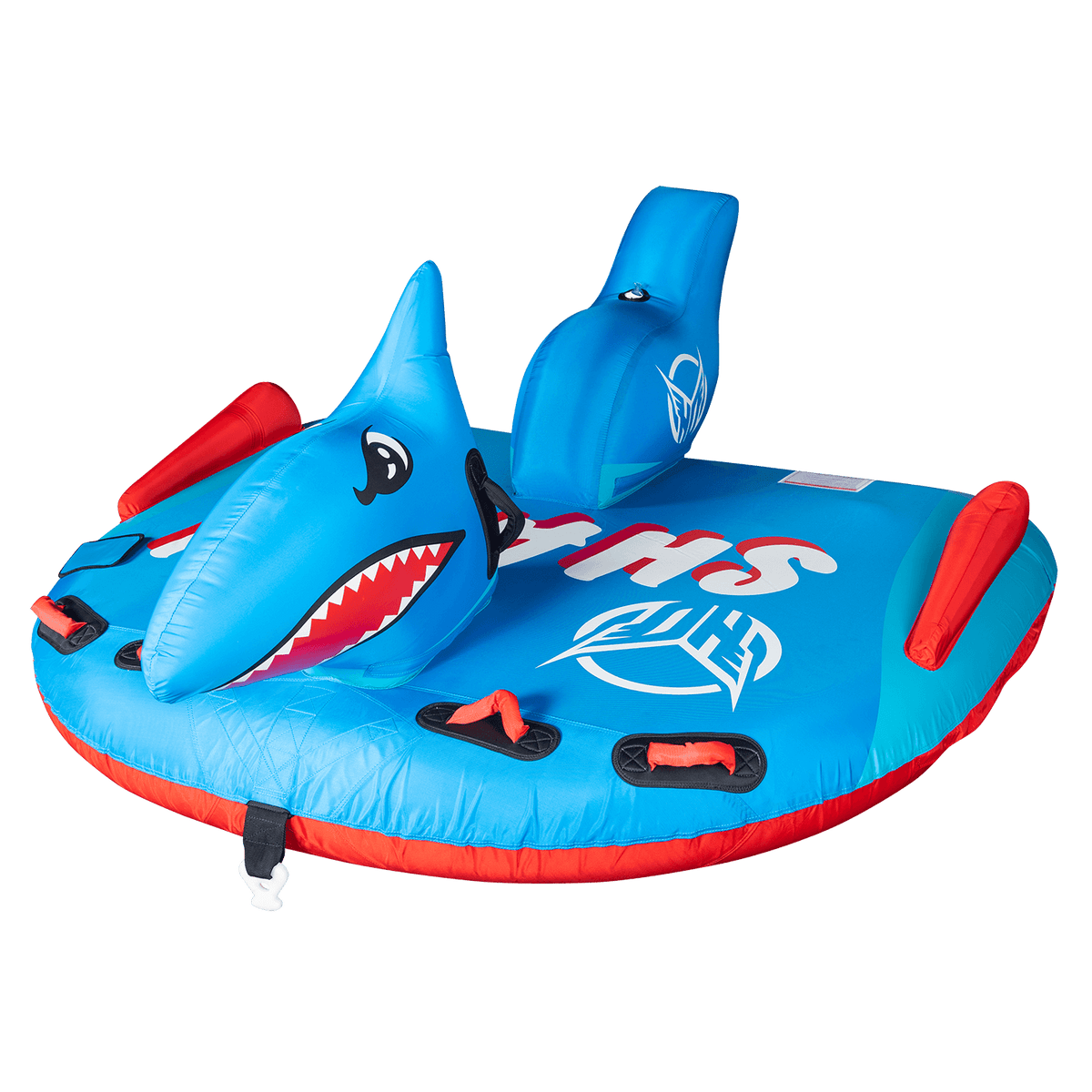 Angled view of the Shark towable tube, showing its side grab handles, red inflatable stabilizers, and contoured seating area.