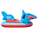 Side view of the Shark towable tube, displaying its inflatable tail section, side fins, and ergonomic seating for riders.