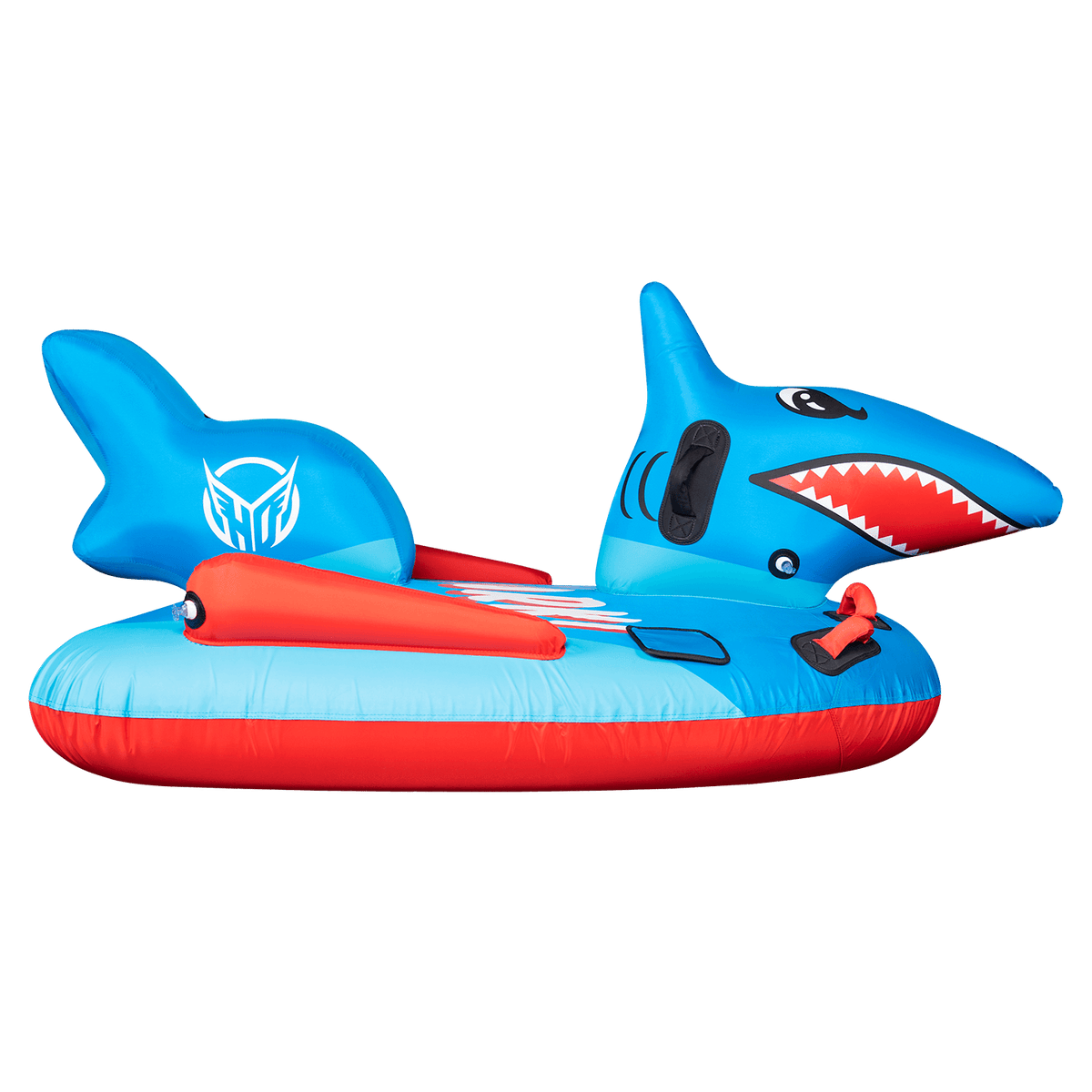 Side view of the Shark towable tube, displaying its inflatable tail section, side fins, and ergonomic seating for riders.