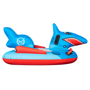Side view of the Shark towable tube, displaying its inflatable tail section, side fins, and ergonomic seating for riders.