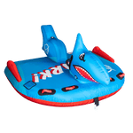 Front angled view of the Shark towable tube, highlighting the inflatable shark head with fierce eyes and sharp teeth design.