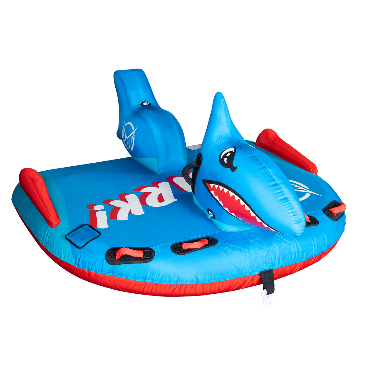 Front angled view of the Shark towable tube, highlighting the inflatable shark head with fierce eyes and sharp teeth design.