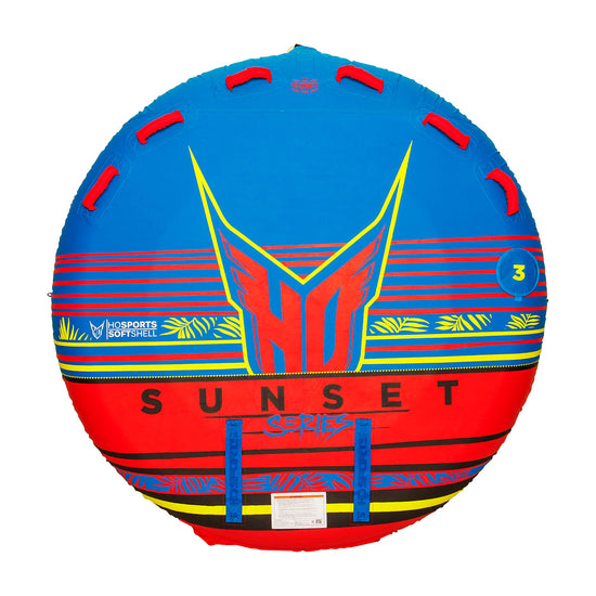 Top view of the Sunset 3 Tube with red and blue cover, bold HO logo, and red grab handles.