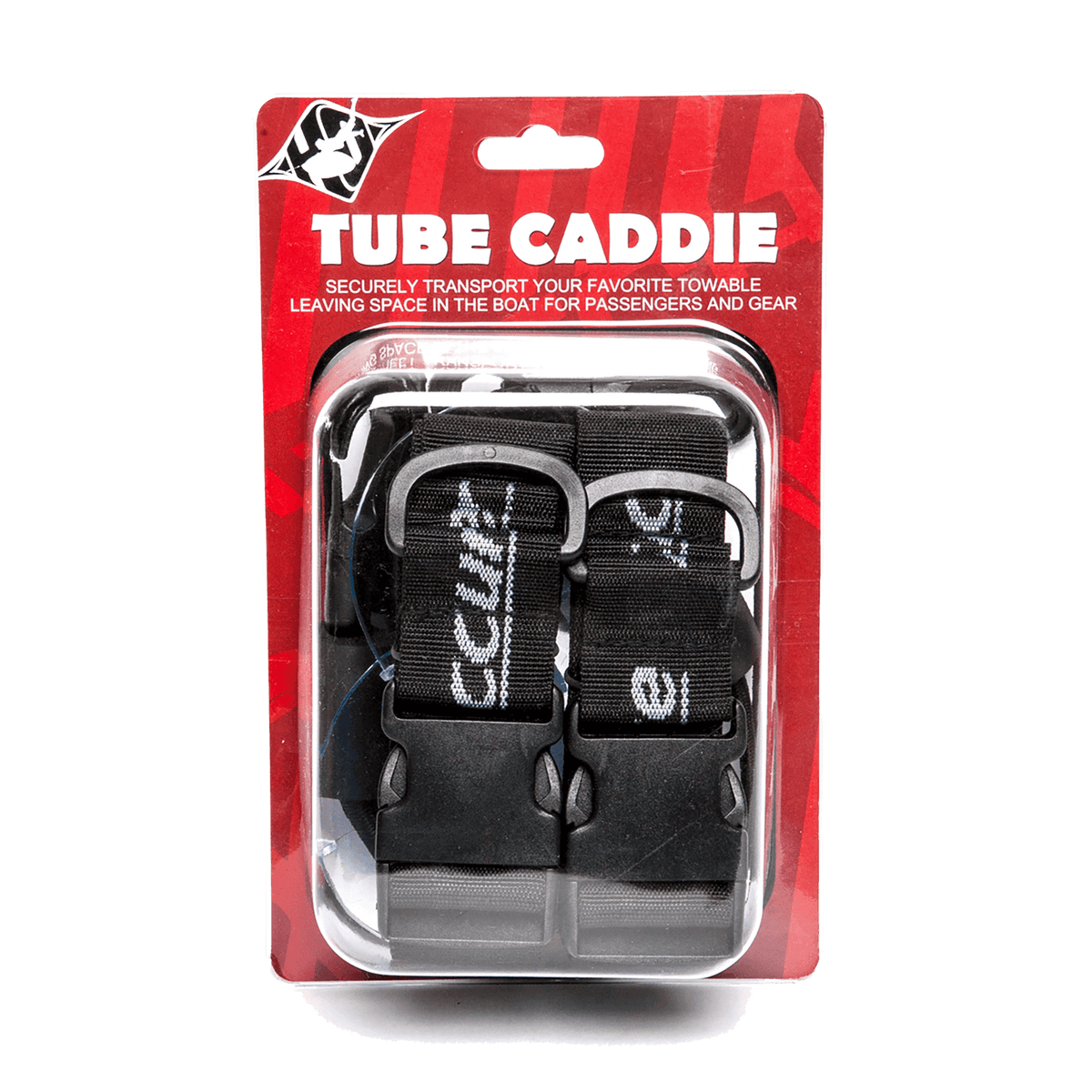 Front view of the Tube Caddie in a red and black package containing black adjustable straps with buckles labeled "Accurate."