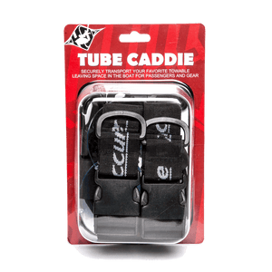 Front view of the Tube Caddie in a red and black package containing black adjustable straps with buckles labeled "Accurate."