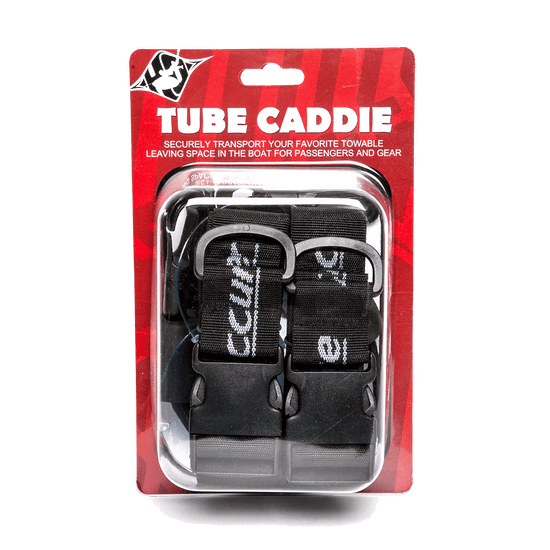 Front view of the Tube Caddie in red packaging, showing two black webbing straps with buckles and D-rings.