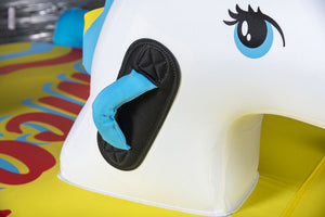 Close-up of Unicorn Tube's white unicorn head with blue padded handle, black grip pad, and illustrated eye.