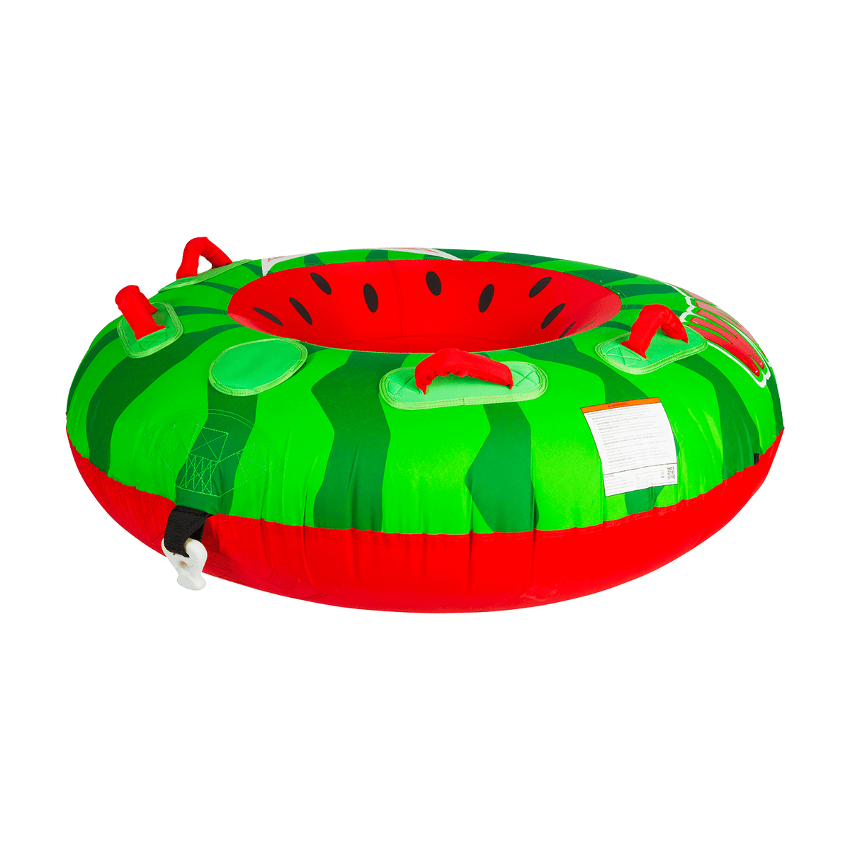 Angled back view of the Watermelon tube, showing green striped sides, red handles, and a red tow point.
