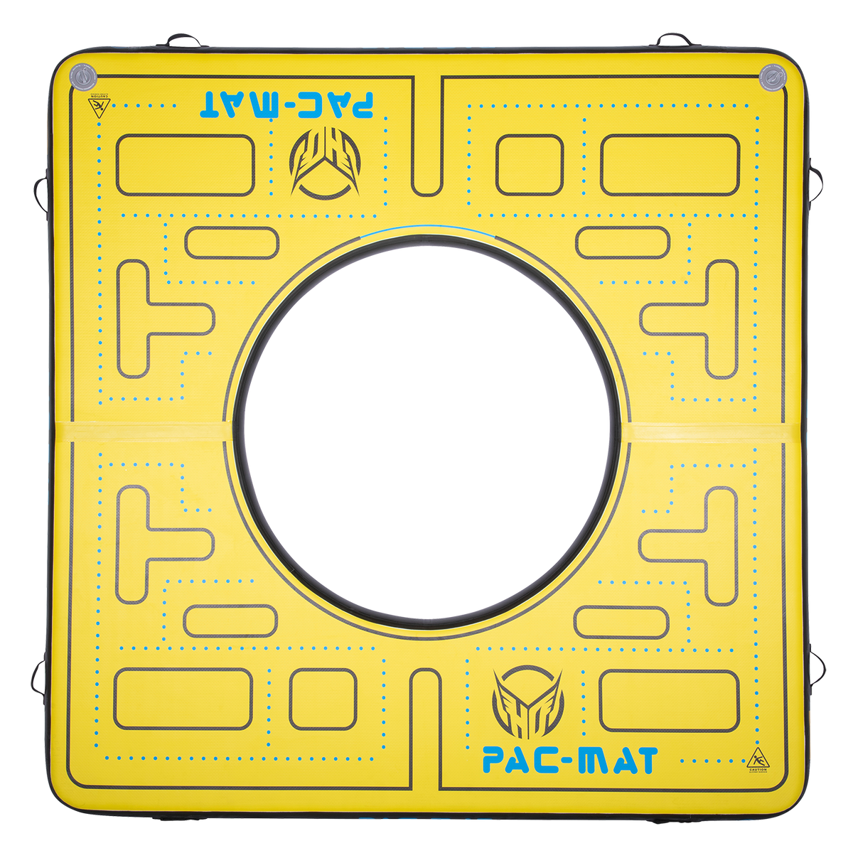 Top view of the Pac Mat inflatable water mat, featuring a yellow design with a maze pattern and blue branding.