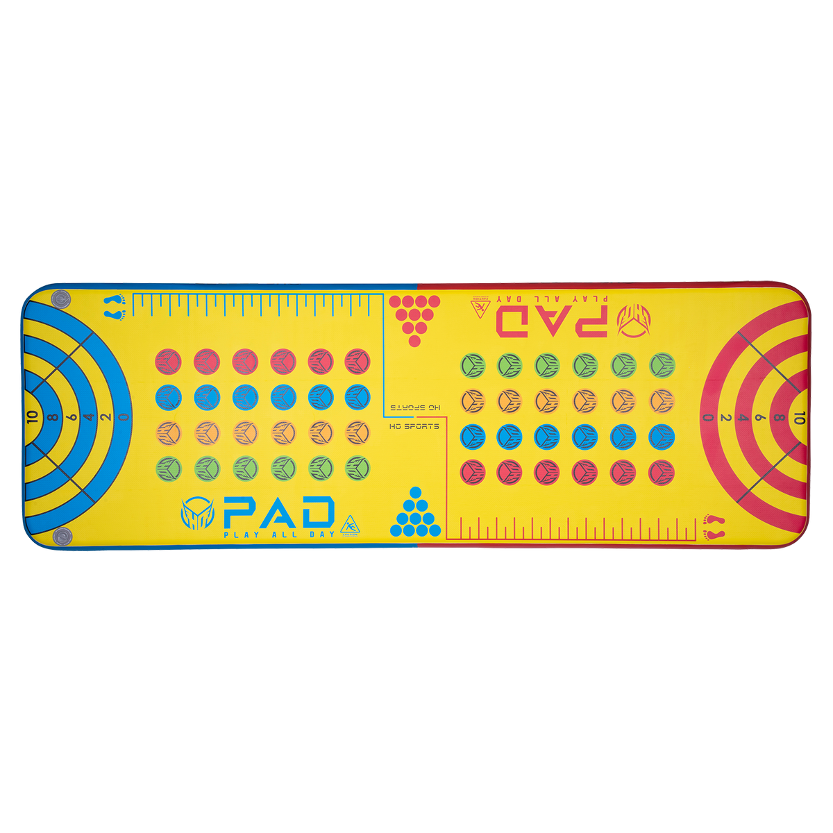 Top view of the Play PAD inflatable mat, featuring a yellow surface with blue and red game-inspired graphics, including target zones and score markings.