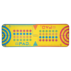 Top view of the Play PAD inflatable mat, featuring a yellow surface with blue and red game-inspired graphics, including target zones and score markings.