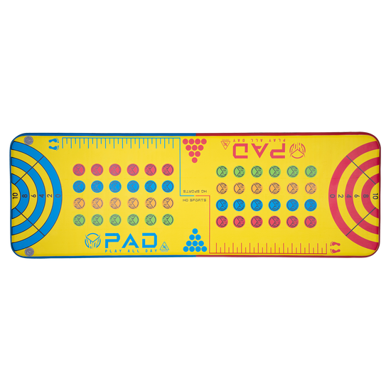 Top view of the Play PAD floating mat with yellow, blue, and red game graphics including targets, rulers, and toss grids.