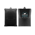 Front and back of the Syndicate Cinch Changing Mat in its compact form, featuring a black mesh storage bag with a white logo.