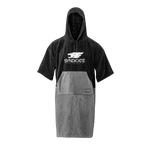 Front of the black and gray Syndicate Changing Towel, featuring a hood, short sleeves, large front pocket, and white logo.