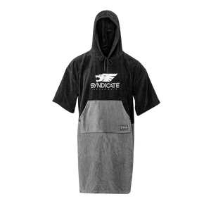 Front of the black and gray Syndicate Changing Towel, featuring a hood, short sleeves, large front pocket, and white logo.