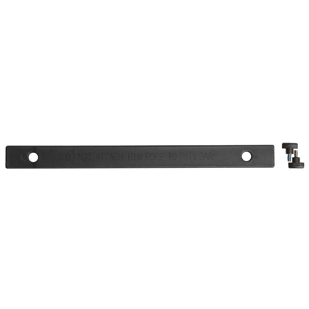 Side view of the Combo Bar Accessory, black bar with a hole at each end and mounting hardware.