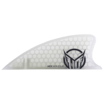 Side view of the HEX Fin, a honeycomb-patterned surf fin with the HO Sports logo on a transparent base.