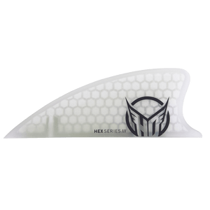 Side view of the HEX Fin, a honeycomb-patterned surf fin with the HO Sports logo on a transparent base.