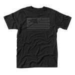 Black short-sleeve t-shirt with a tonal Syndicate Water Skis flag logo.