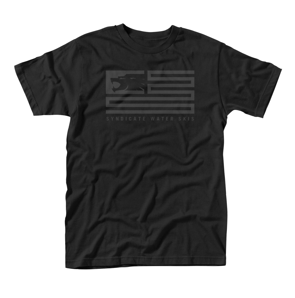 Black short-sleeve t-shirt with a tonal Syndicate Water Skis flag logo.