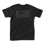 Black short-sleeve t-shirt with a tonal Syndicate Water Skis flag logo.