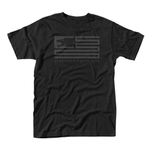 Black short-sleeve t-shirt with a tonal Syndicate Water Skis flag logo.