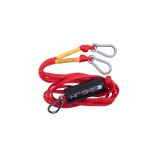 Top view of Rope Boat Tow Harness in red featuring metal clips, yellow reinforcements, and a black HO Skis float.