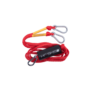 Top view of Rope Boat Tow Harness in red featuring metal clips, yellow reinforcements, and a black HO Skis float.