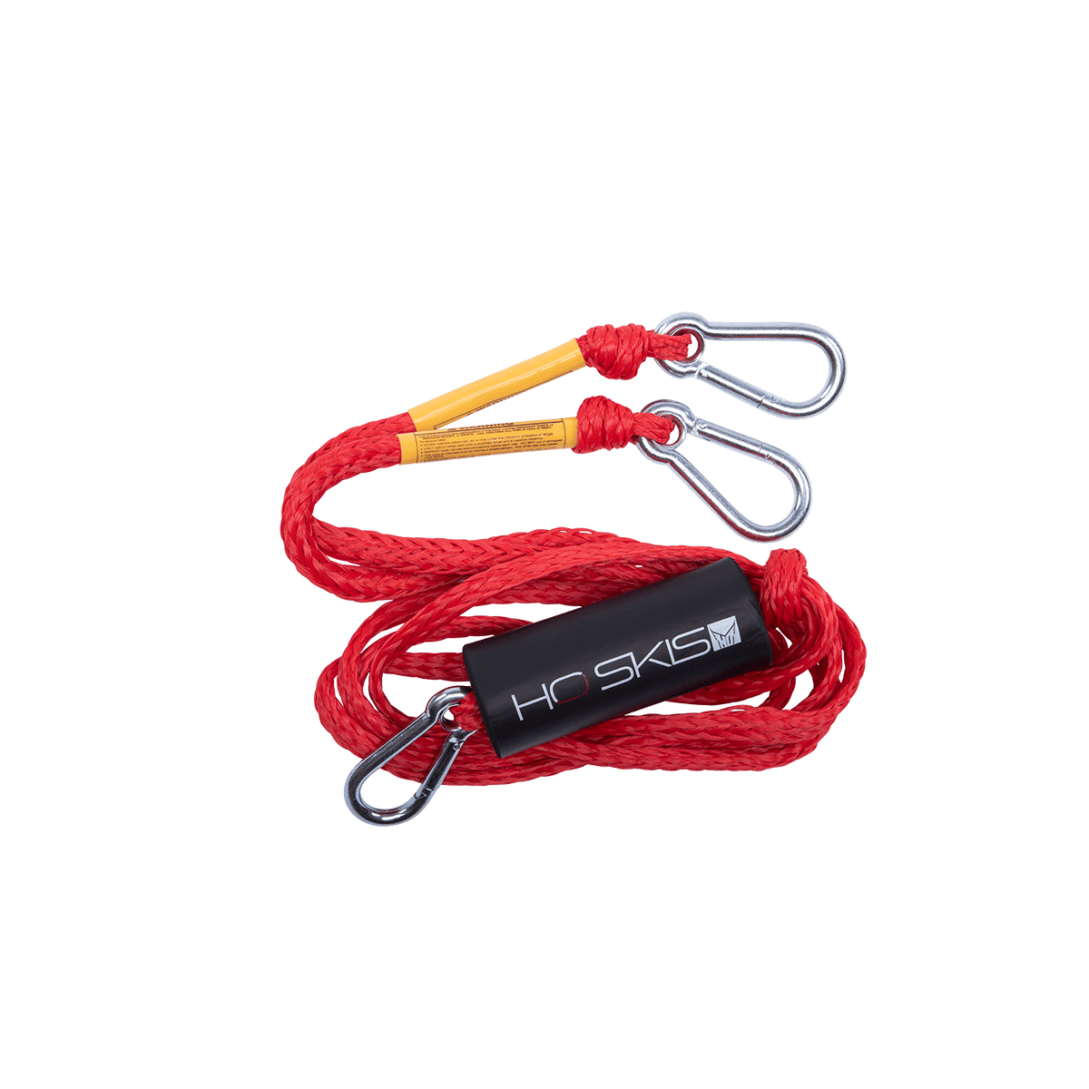 Angled view of the Rope Boat Tow Harness in red, coiled rope with metal clips and an HO Skis logo float.