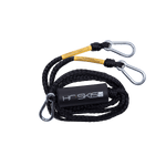 Top view of Rope Boat Tow Harness in black showing metal clips, yellow reinforcements, and a black HO Skis float.