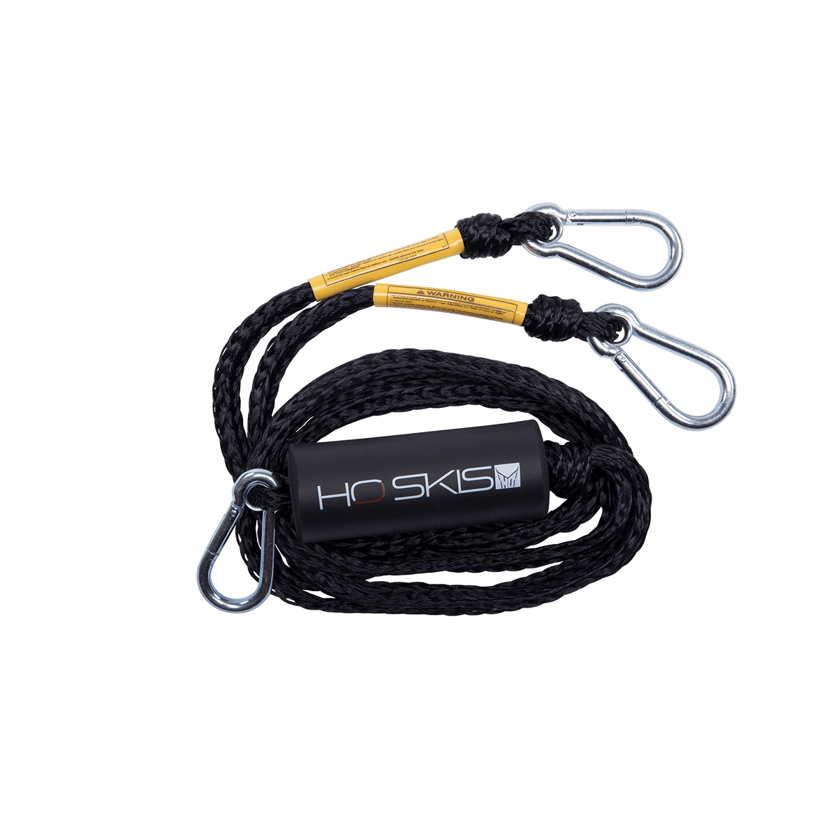 Angled view of the Rope Boat Tow Harness in black, coiled rope with metal clips and an HO Skis logo float.