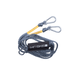 Top view of Rope Boat Tow Harness in gray with metal clips, yellow reinforcements, and a black HO Skis float.