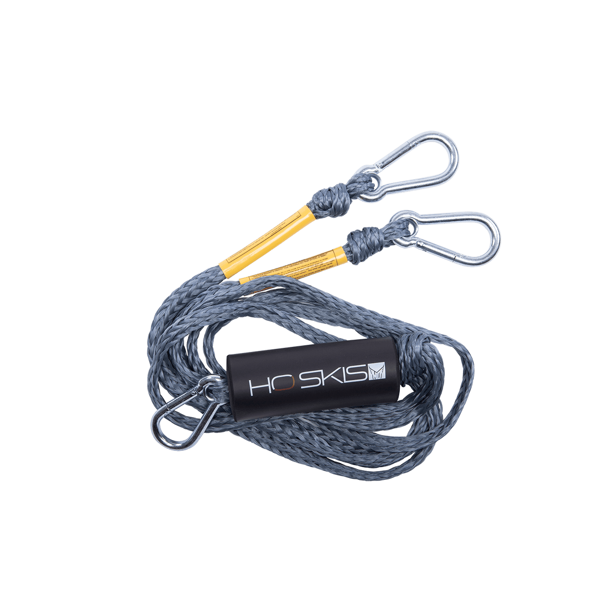 Angled view of the Rope Boat Tow Harness in grey, coiled rope with metal clips and an HO Skis logo float.