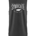 Back view of the Syndicate Seal Tank, a black sleeveless shirt with a large white Syndicate logo and "Who Dares Wins" text.