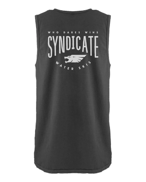 Back view of the Syndicate Seal Tank, a black sleeveless shirt with a large white Syndicate logo and "Who Dares Wins" text.
