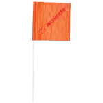 Front view of the Skier Down Flag, a bright orange flag with the "Accurate Line" logo in red, attached to a white pole.