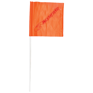 Front view of the Skier Down Flag, a bright orange flag with the "Accurate Line" logo in red, attached to a white pole.