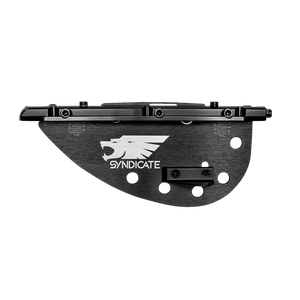 Side view of the black Syndicate Adjustable Fin, featuring a sleek design, multiple adjustment holes, and a bold white logo.