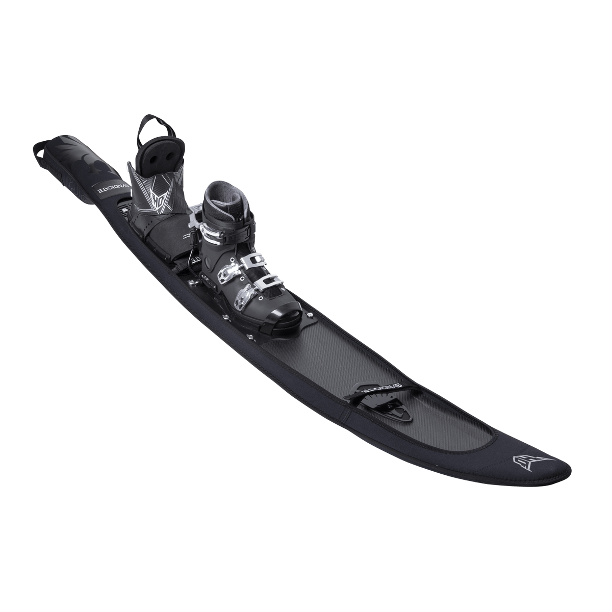 Angled view of the Syndicate Neo Sleeve with Fin Protector, featuring a streamlined fit over a slalom ski.