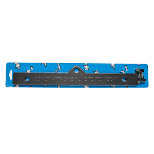 Front view of the Trainer Bar, a metal stabilizing bar with engraved safety instructions, packaged on a blue backing.