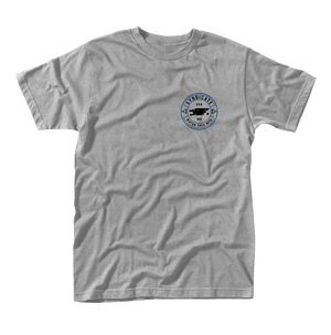 Front view of the Turn T-Shirt Grey, a heather grey short-sleeve tee with a small Syndicate Water Skis logo on the chest.