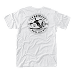 Back view of the Turn T-Shirt White, showing a large circular Syndicate Water Skis graphic with a waterskier inside.