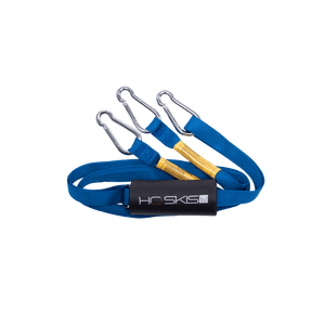 Blue Webbing Boat Tow Harness with three metal carabiner clips, yellow reinforcements, and a black foam pad.