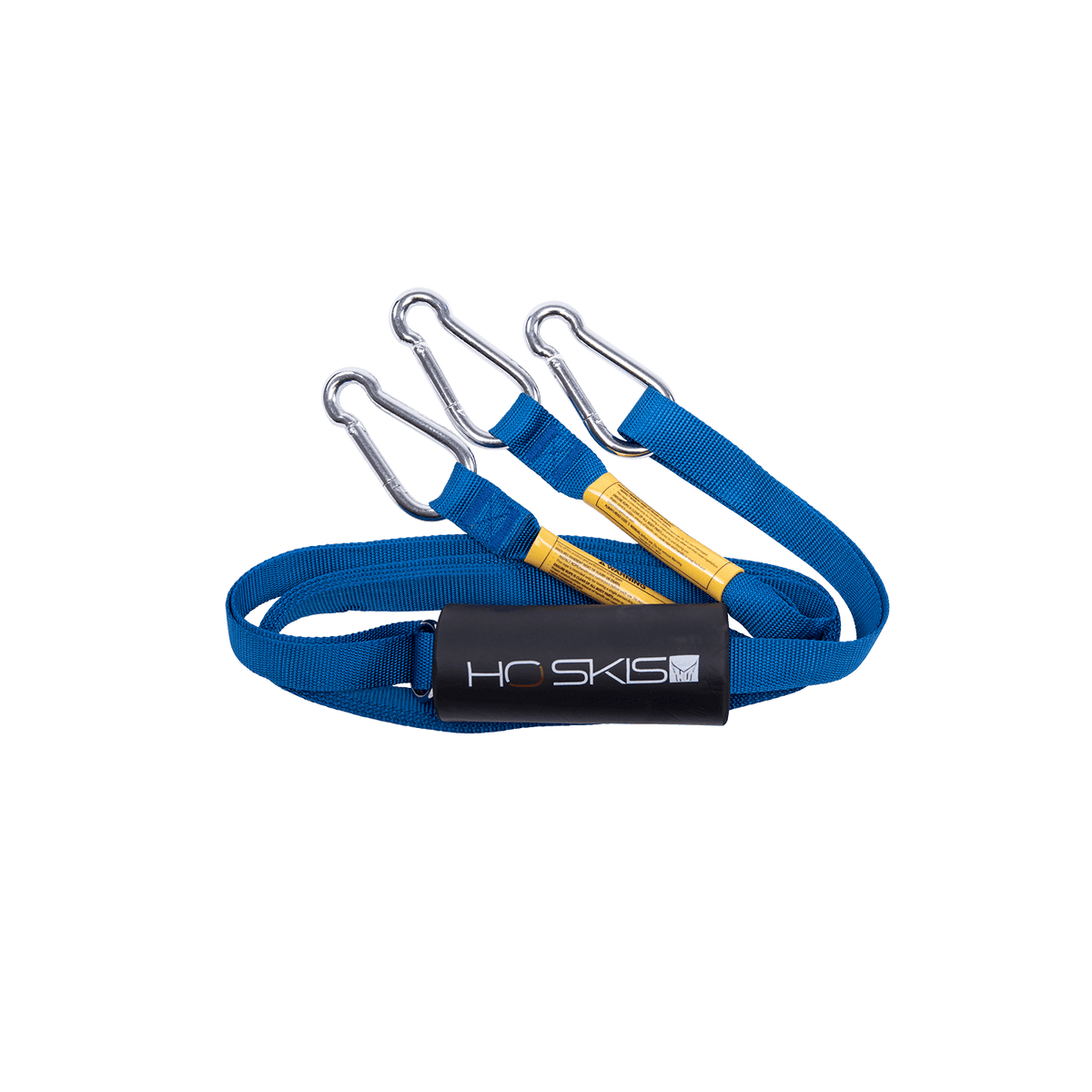 Angled view of the Nylon Webbing Boat Tow Harness in blue, with metal clips and an HO Skis logo float.
