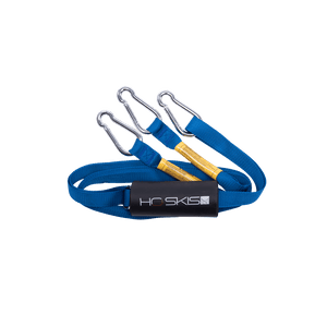 Angled view of the Nylon Webbing Boat Tow Harness in blue, with metal clips and an HO Skis logo float.