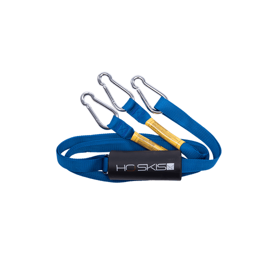 Angled view of the Nylon Webbing Boat Tow Harness in blue, with metal clips and an HO Skis logo float.