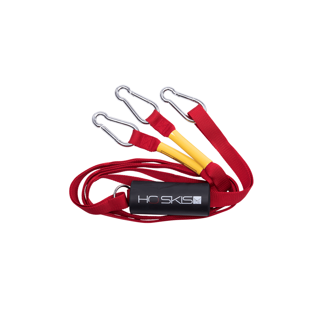 Angled view of the Nylon Webbing Boat Tow Harness in red, with metal clips and an HO Skis logo float.