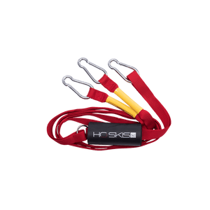 Angled view of the Nylon Webbing Boat Tow Harness in red, with metal clips and an HO Skis logo float.