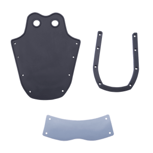 Flat lay of Horseshoe Toe Rubber - Child showing all components: black toe piece, U-shaped support, and silver plate.