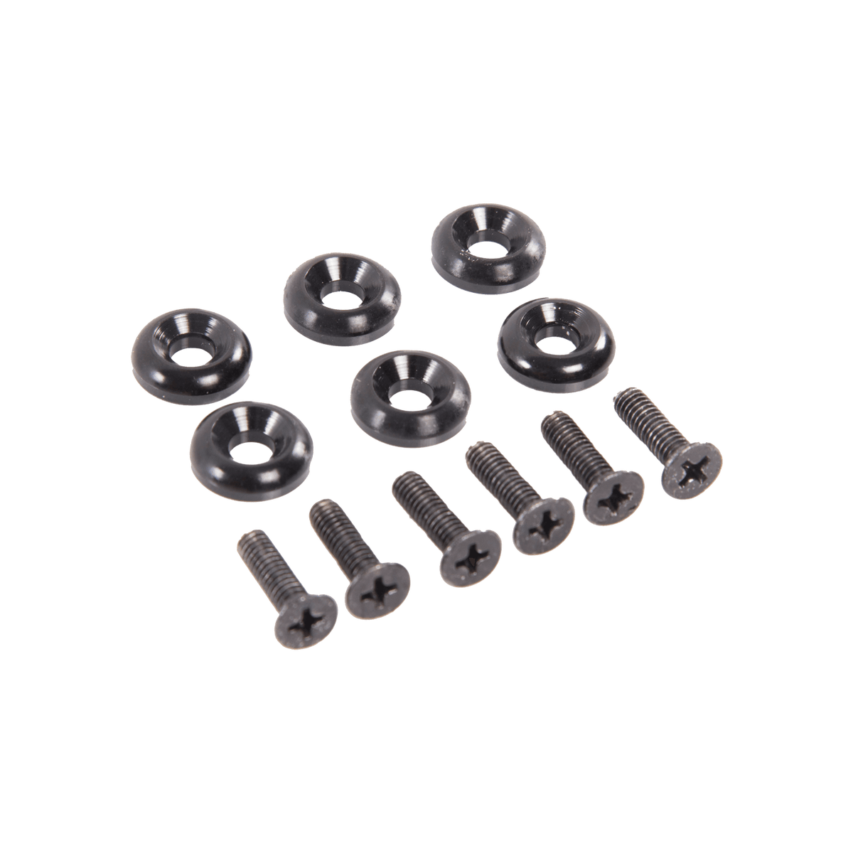 Top-down view of the Ski Boot Mounting Hardware - Front, showing black screws and matching washers arranged in a neat layout.